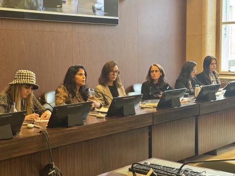 From left to right: Nedal al-Salman, Lina al-Hathloul, Jihane Ben Yahia, Lucy McKernan, Kifaya Khraim, and Tanya Boulakovski on the use of security and counter-terrorism measures to carry out reprisals in the MENA during an event at the UN human rights council in Geneva on 25 September 2025.