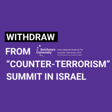 A graphic with the written text: Call to withdraw from “Counter-Terrorism” summit in Israel amid genocide in Gaza