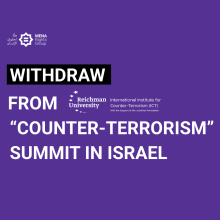 A graphic with the written text: Call to withdraw from “Counter-Terrorism” summit in Israel amid genocide in Gaza